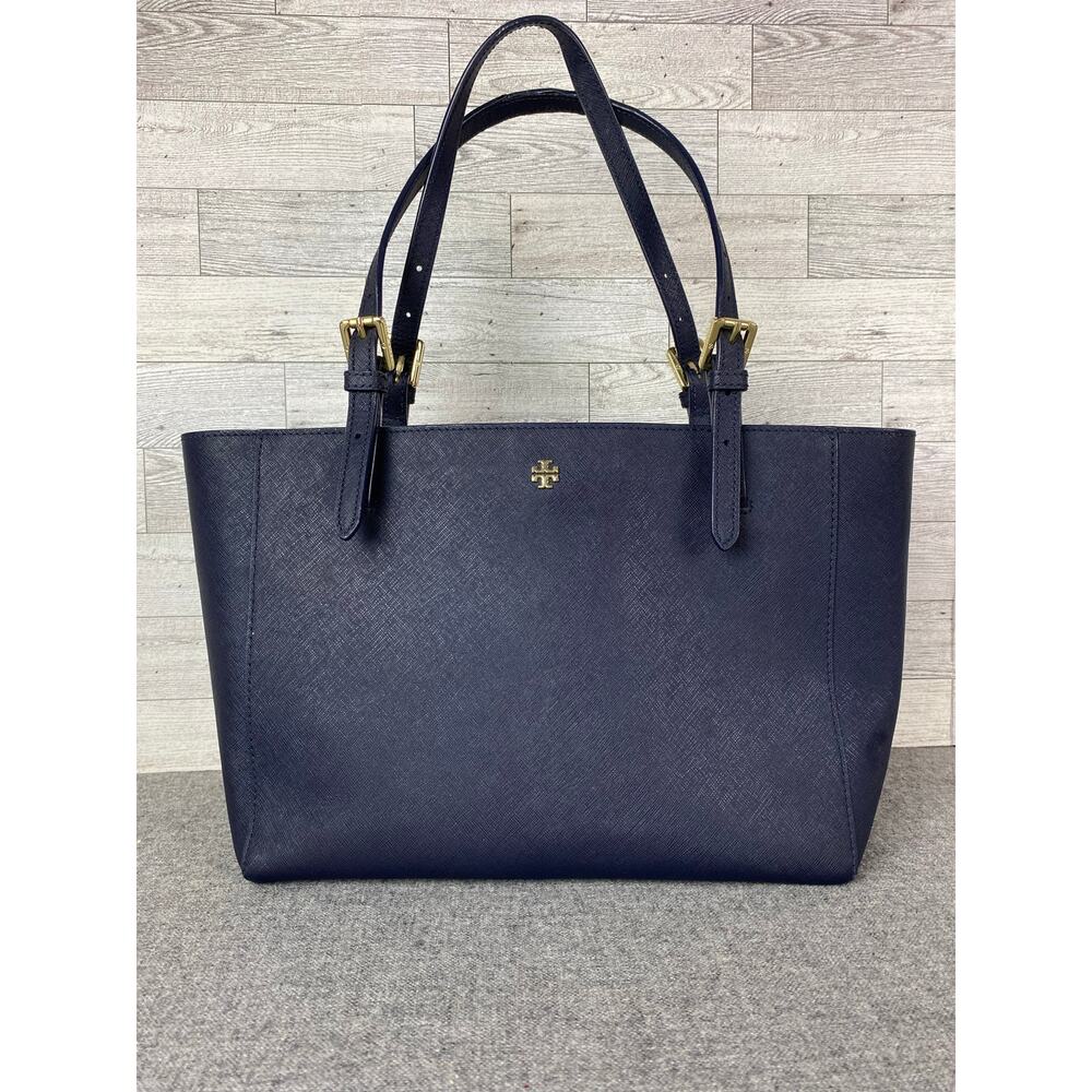 TORY BURCH Emerson/York Buckle Tote Saffiano Leather Designer Shoulder Bag NAVY